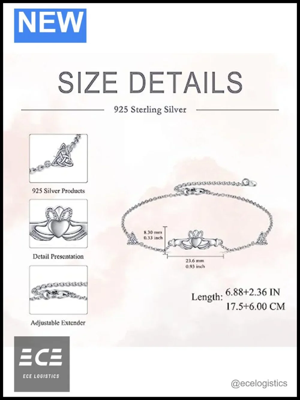 Sterling Silver Claddagh Link Bracelet Adjustable Charm Friendship Gift